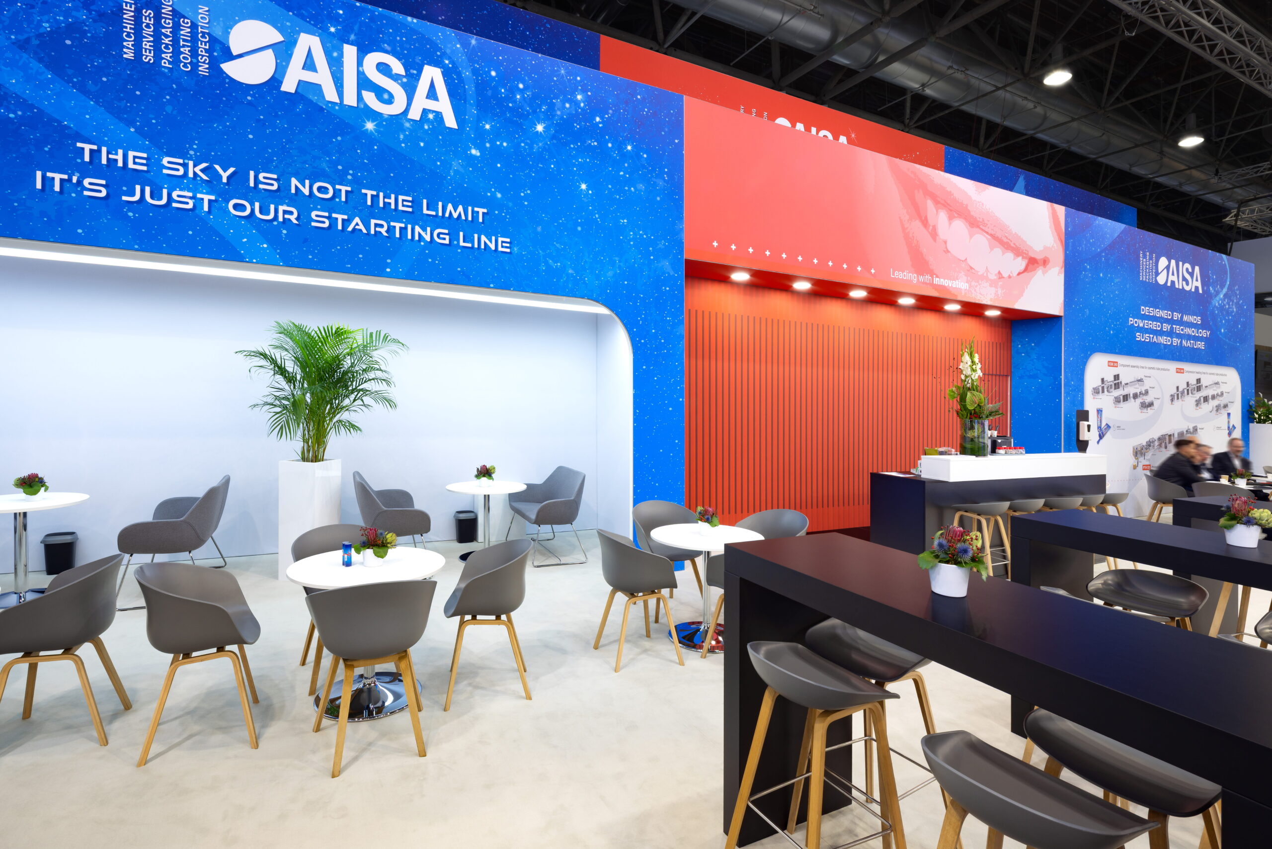AISA custom exhibition stand design with a minimalist meeting lounge area