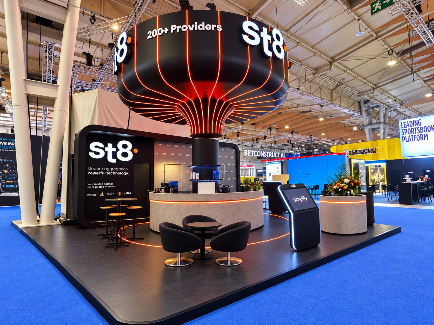 Verlichte ST8-stand tijdens SBC Summit in Lissabon
